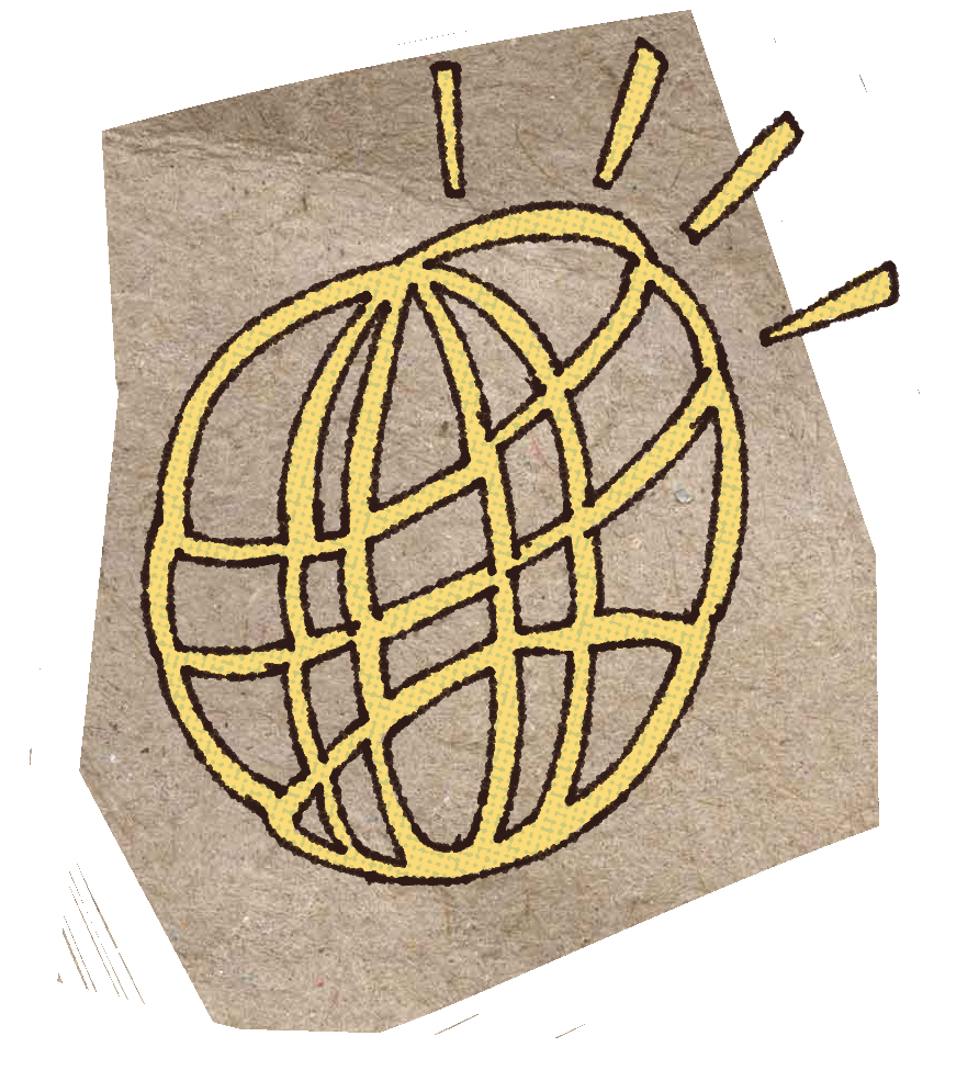 A cartoon drawing of the world wide web symbol.